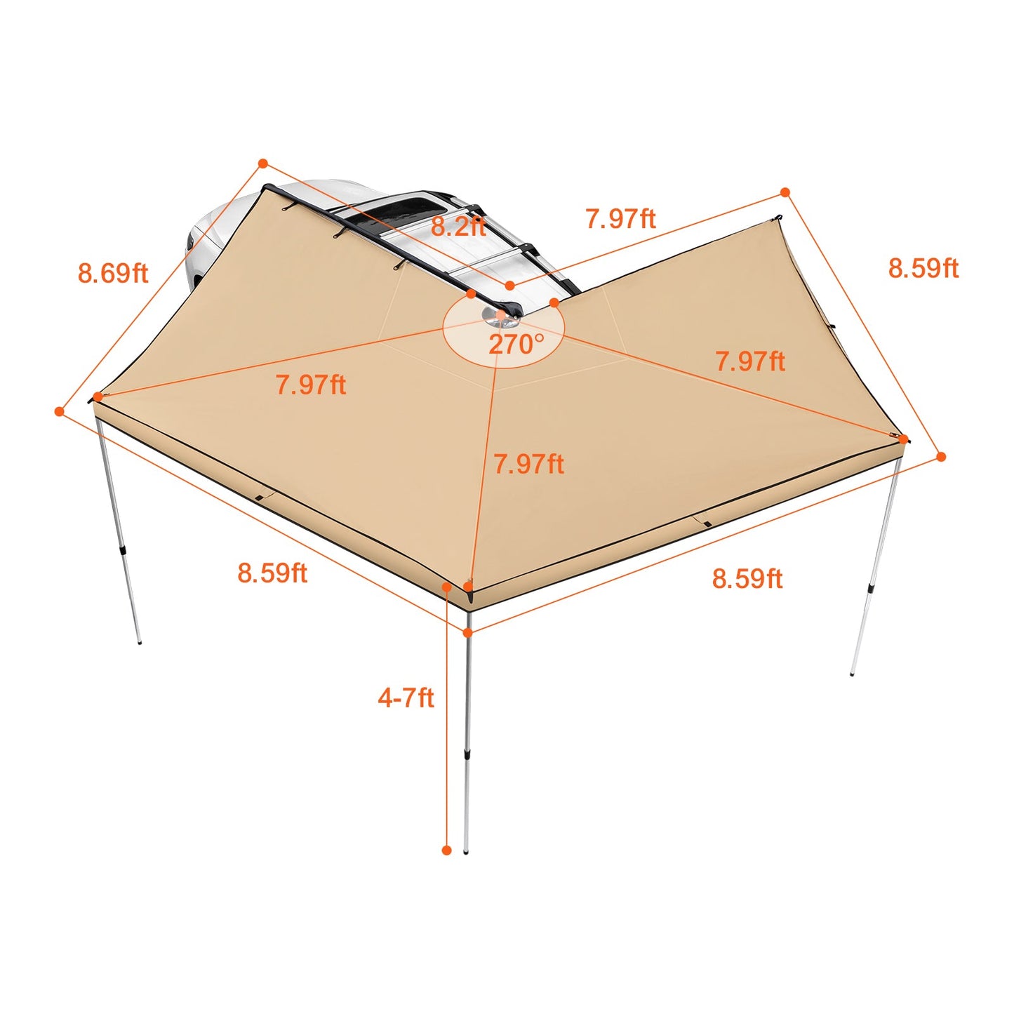Vehicle Awning 270 Degree, 8.2' Height Retractable Car Side Awning, Pu3000Mm UV50+ Car Awning with Waterproof Storage Bag, Suitable for Truck, SUV, Van, Campers