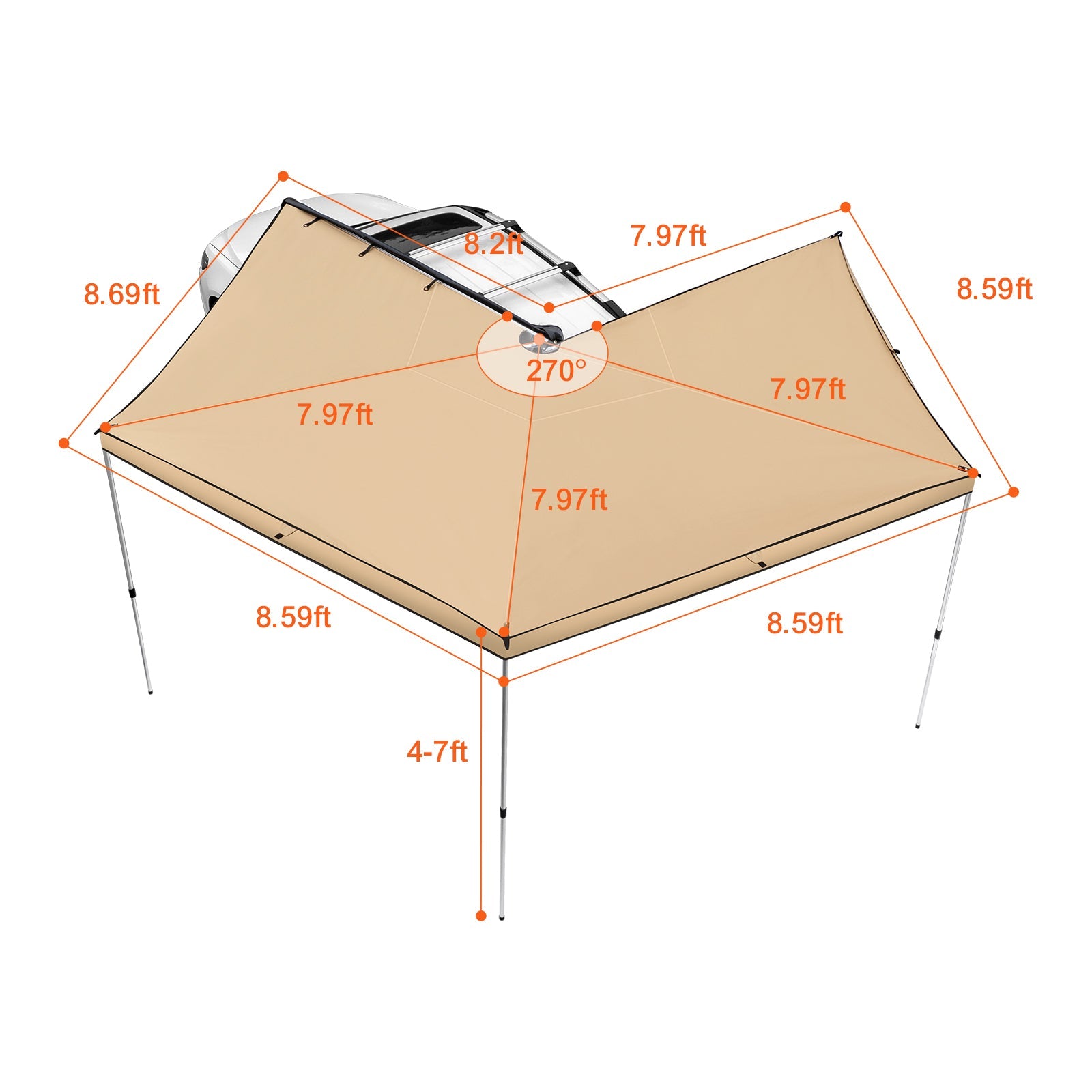 Vehicle Awning 270 Degree, 8.2' Height Retractable Car Side Awning, Pu3000Mm UV50+ Car Awning with Waterproof Storage Bag, Suitable for Truck, SUV, Van, Campers