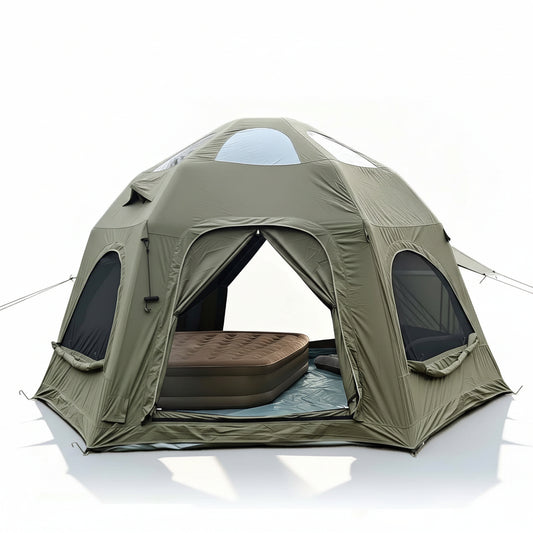 Inflatable Camping Tents 8-10 Person,129 Square Feets Large Inflatable Camping Tent with Stove Jack,Blow up Tent with Mesh Windows & Pump