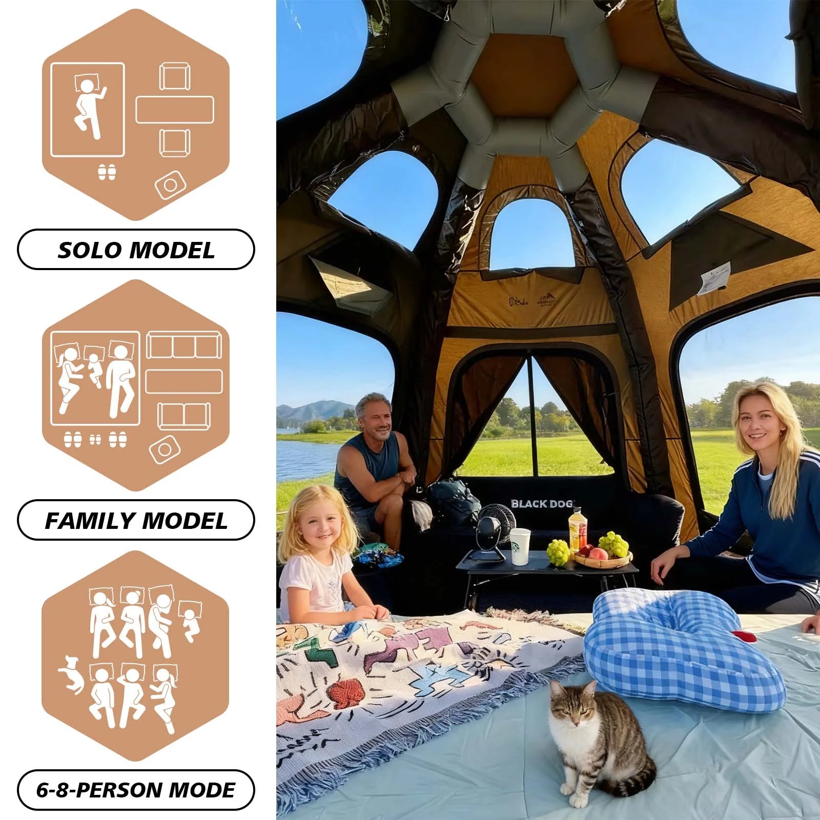 Inflatable Camping Tents 8-10 Person,129 Square Feets Large Inflatable Camping Tent with Stove Jack,Blow up Tent with Mesh Windows & Pump