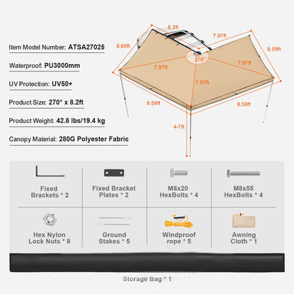 Vehicle Awning 270 Degree, 8.2' Height Retractable Car Side Awning, Pu3000Mm UV50+ Car Awning with Waterproof Storage Bag, Suitable for Truck, SUV, Van, Campers