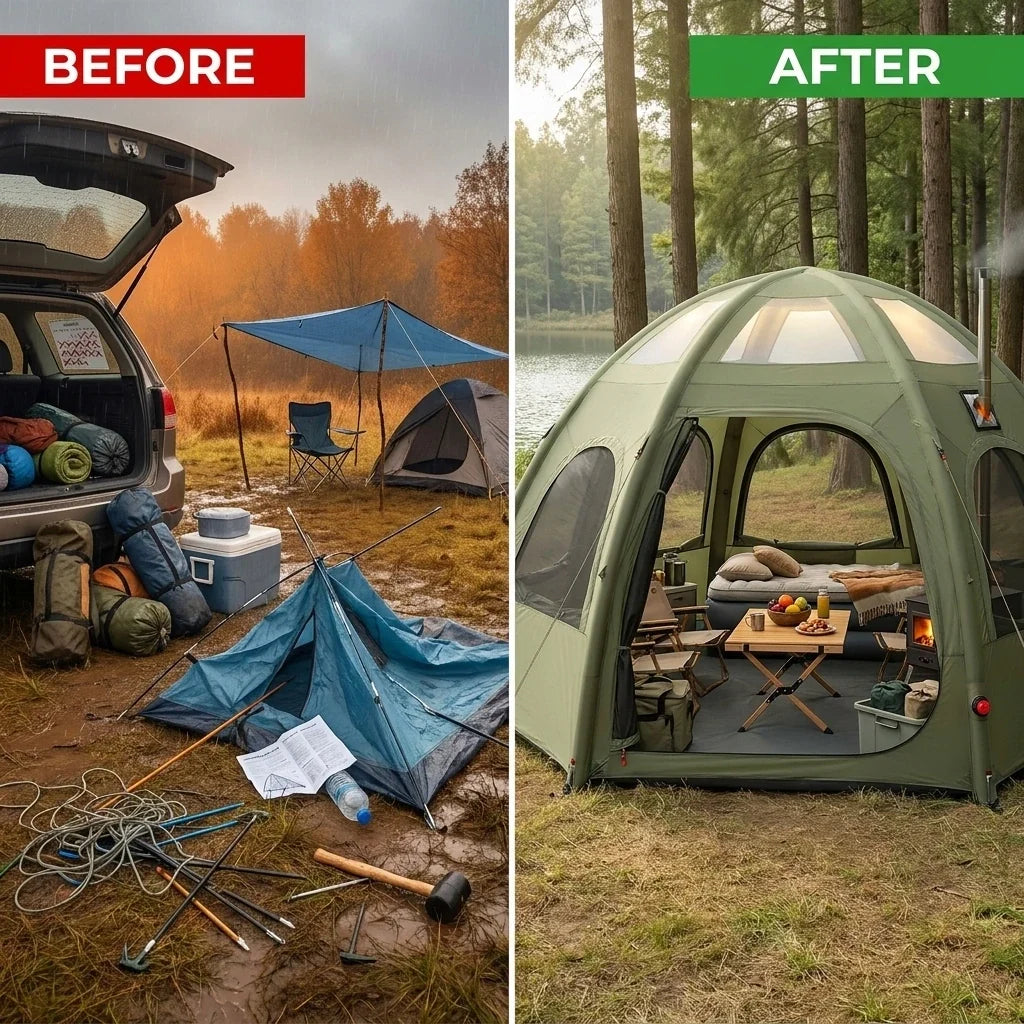 Inflatable Camping Tents 8-10 Person,129 Square Feets Large Inflatable Camping Tent with Stove Jack,Blow up Tent with Mesh Windows & Pump — Before & After