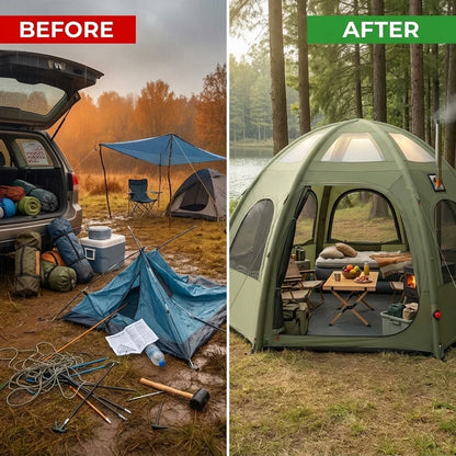 Inflatable Camping Tents 8-10 Person,129 Square Feets Large Inflatable Camping Tent with Stove Jack,Blow up Tent with Mesh Windows & Pump — Before & After