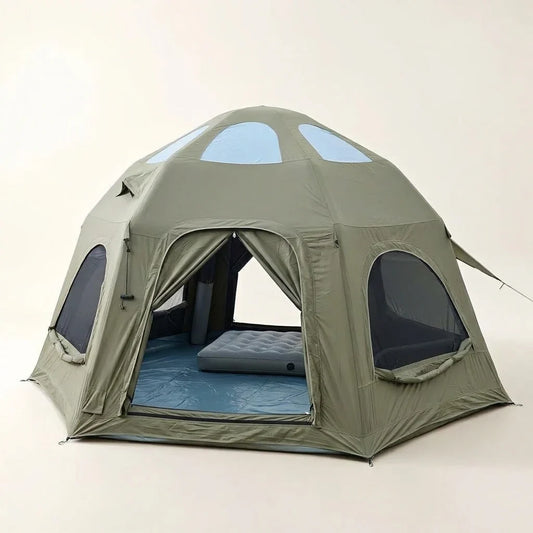 Inflatable Camping Tents 8-10 Person,129 Square Feets Large Inflatable Camping Tent with Stove Jack,Blow up Tent with Mesh Windows & Pump — Studio Shot
