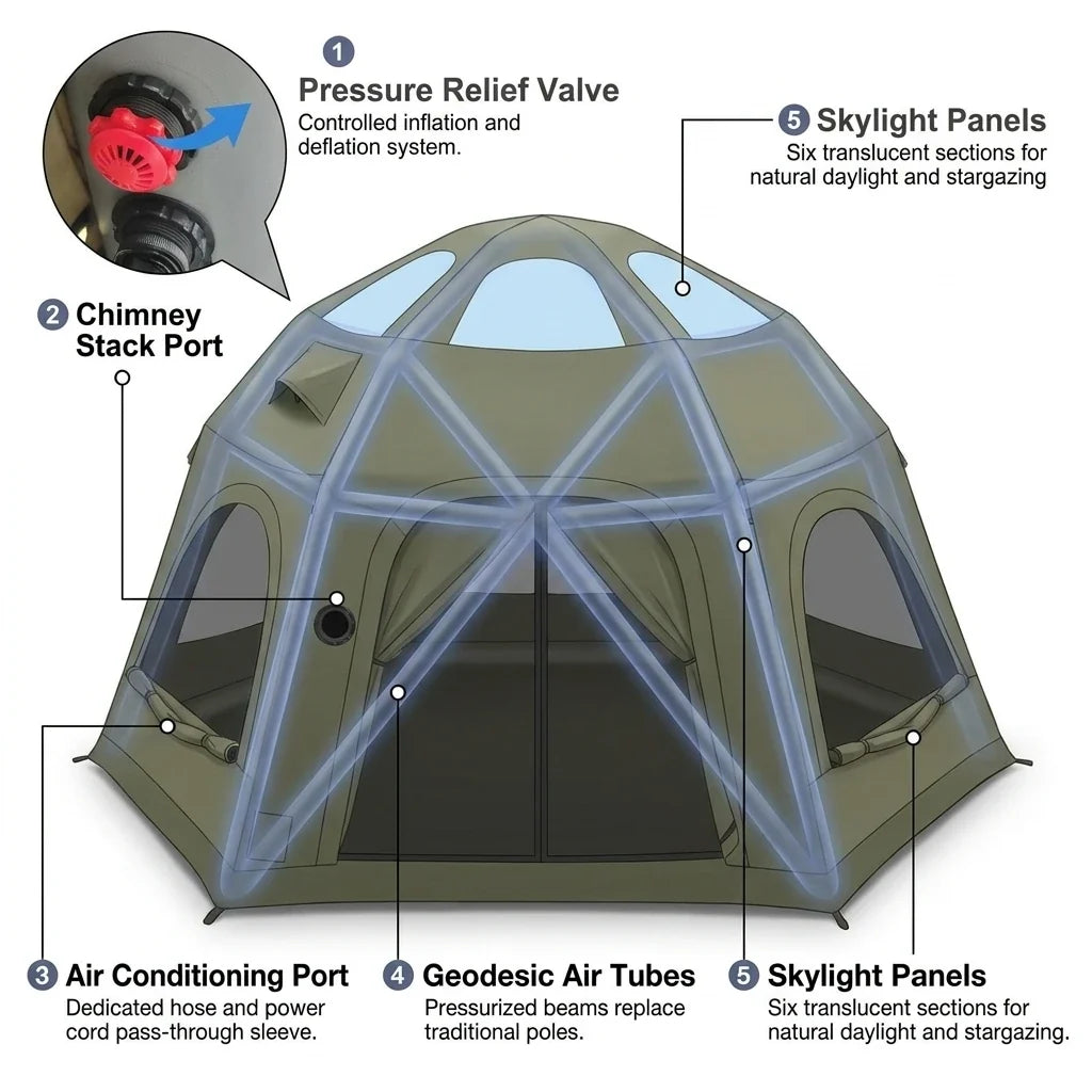 Inflatable Camping Tents 8-10 Person,129 Square Feets Large Inflatable Camping Tent with Stove Jack,Blow up Tent with Mesh Windows & Pump — How It Works