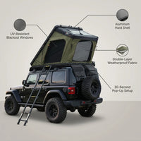 Rooftop Tent Built for 4-Season Adventures, Hard Shell Aluminum, Waterproof UV-Resistant, 30-Second Setup — infographic